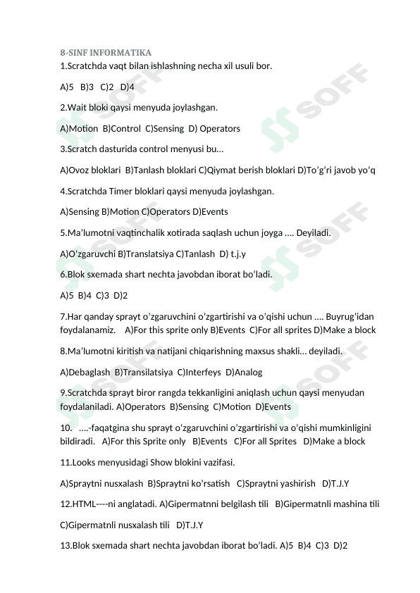 8-sinf informatika testlar 1