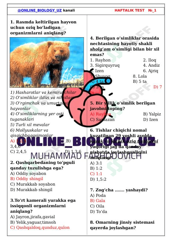 BIOLOGIYA FANIDAN DTM TEST-30 TALIK 1