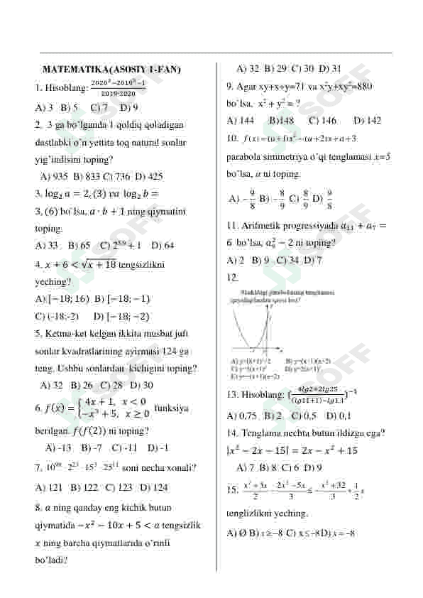 Matematika va Ingliz tili. Blok test. Javoblari bilan 2