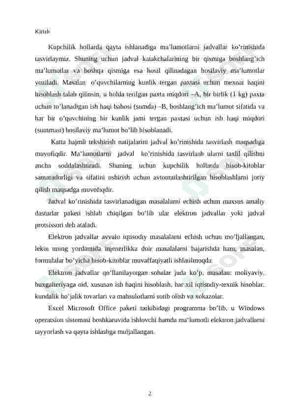 Excel dasturida matematik masalalar yechish 2