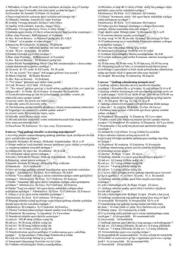 Tarix fanidan mavzulashtirilgan testlar 2