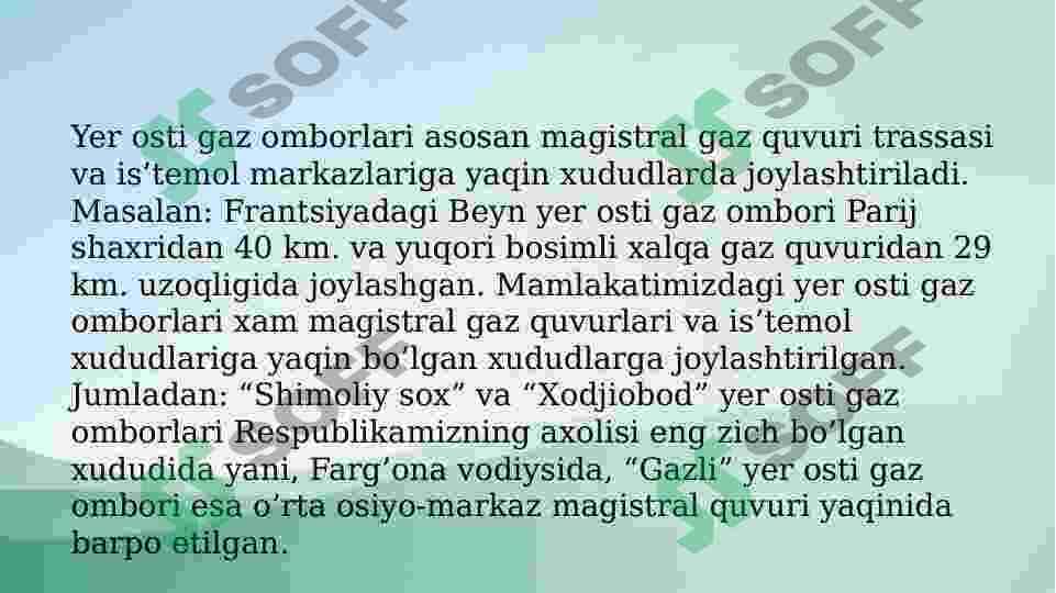 Yer osti gaz omborlarining tuzilishi. Yer osti gaz quvurlari. Yer osti gaz quvurlarining ko‘chada joylashishi. Yer osti gaz quvurlarining chuqurligi, nishabligi, hamda xandaq tagi. Yer usti gaz quvurlari.Gaz iste’molining mavsumiy notekisligi 2