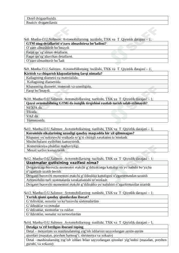 Avtomobil tuzilishi fanidan 150ta test 3