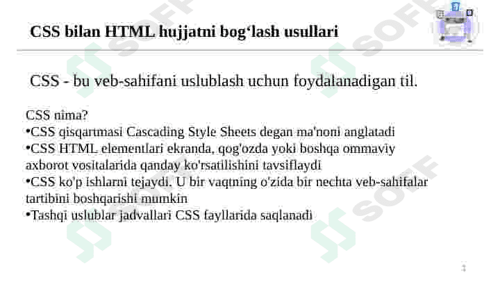 CSS bilan HTML hujjatni bog‘lash usullari. CSS sintaksisi. Selektorlar turlari. 3