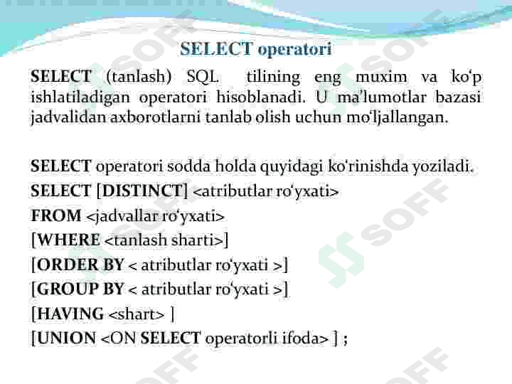 SQLtili va SQL operatorlarini yozish. 7