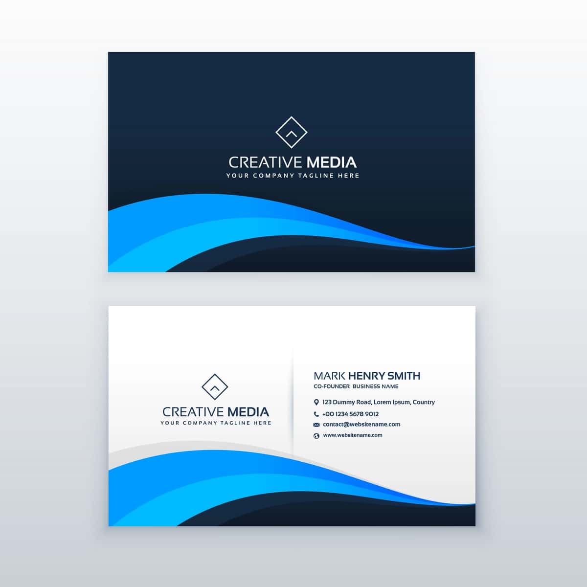 Zamonaviy to'lqinli ko'k tashrif qog'ozi dizayni | Modern wavy blue business card design 1