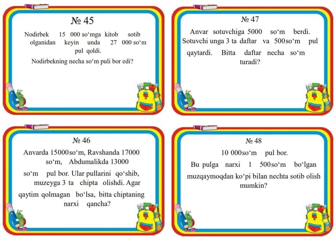 Matematika fanidan masalalar to'plami 1
