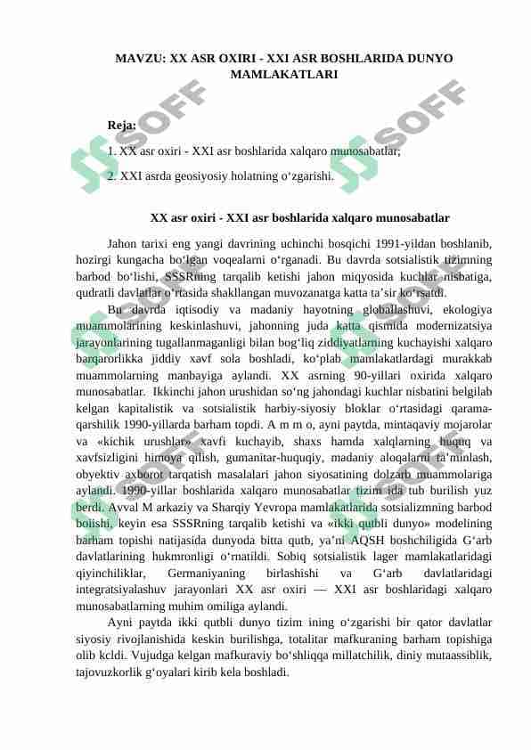 XX ASR OXIRI - XXI ASR BOSHLARIDA DUNYO MAMLAKATLARI
