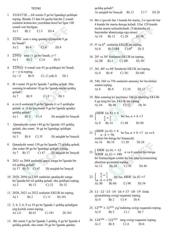 Matematika fanidan testlar 2 1