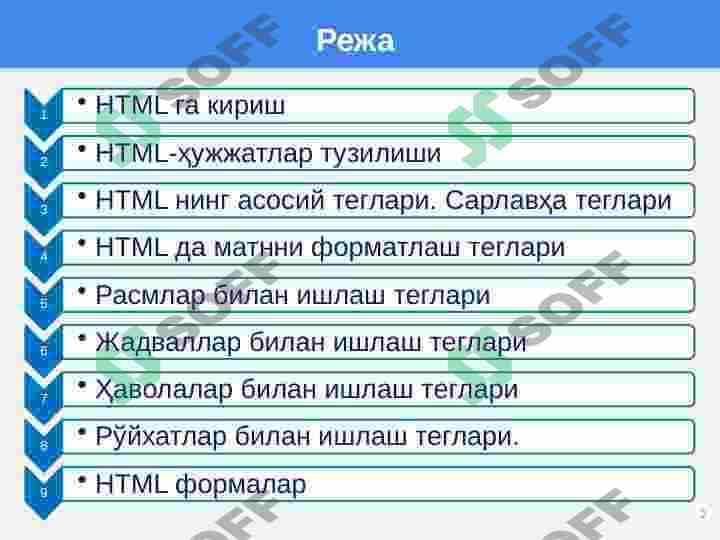 HTML тилига кириш. HTML хужжатининг умумий структураси ва унинг асосий теглари 2