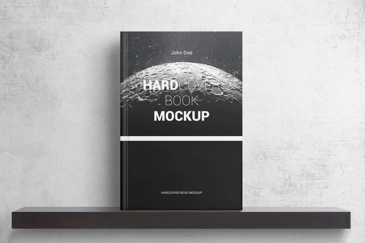 Qattiq muqovali kitob javon maketi | Hardcover book shelf mockup 1