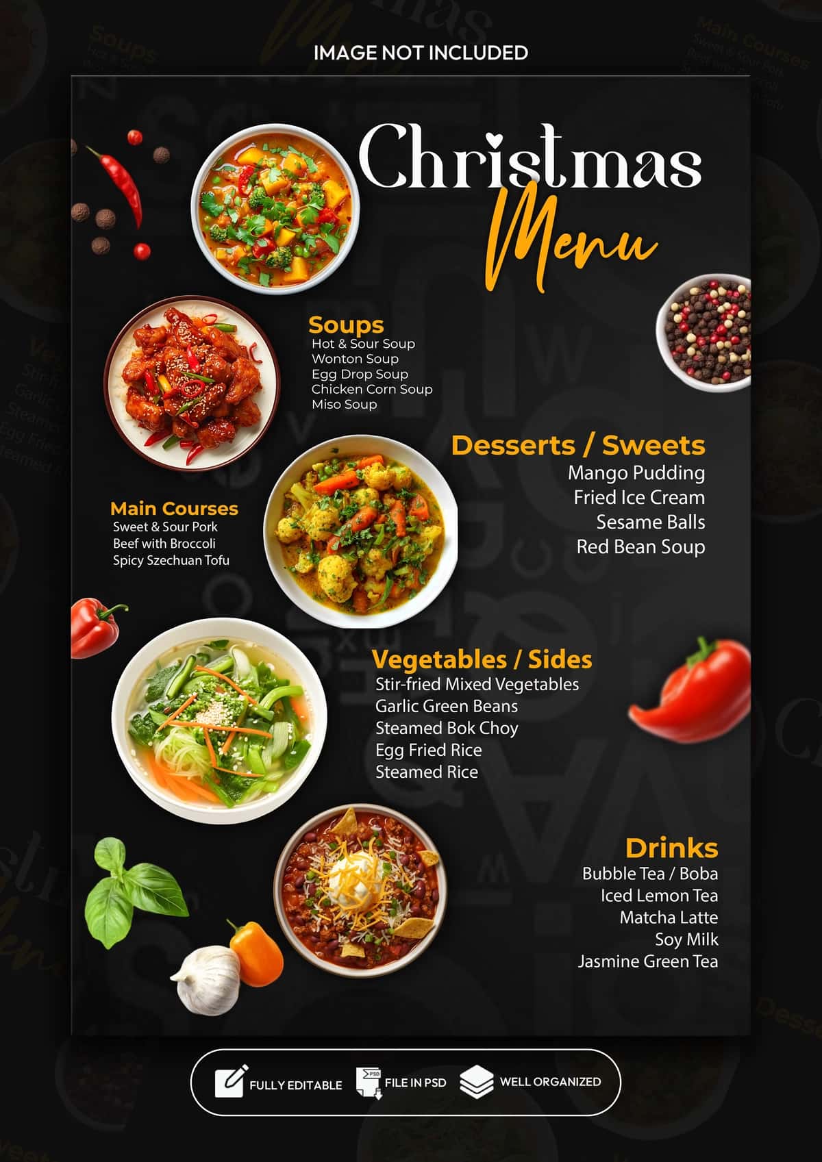 Maxsus taomlar Rojdestvo menyusi restorani afishasi shablonlari dizayni | Special food christmas menu restaurant poster template design 1