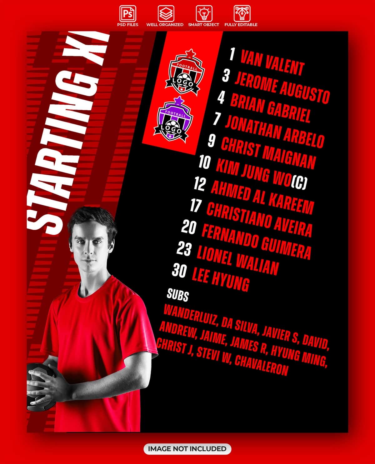 Futbol o'yinining boshlang'ich o'n birinchi shabloni | Football match starting eleven template 1