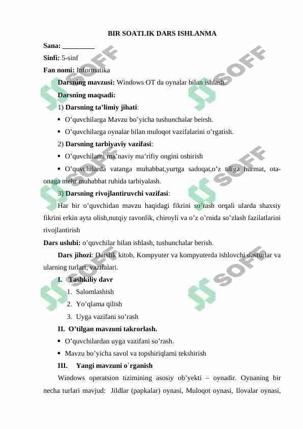 Windows OT da oynalar bilan ishlash: Bir soatlik ochiq dars konspekti
