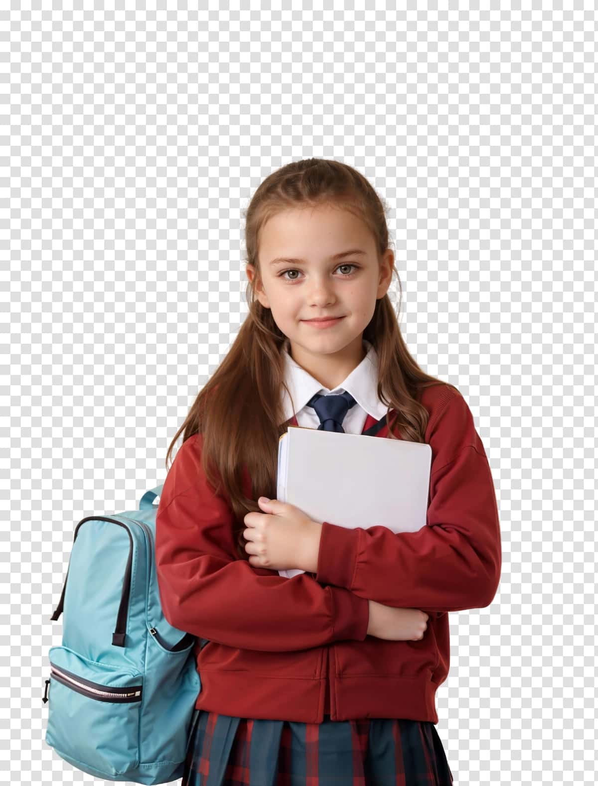 Baxtli maktab o'quvchisi ryukzak kitobi bilan qo'llari shaffof | Happy child school girl with backpack book her hands isolated transparent 1