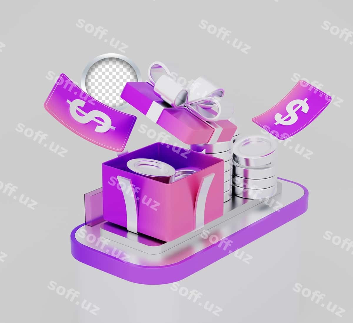 Dollar pullari tasvirlangan 3D ikonkali sovg'a qutisi | 3d icon gift box featuring dollar money 1