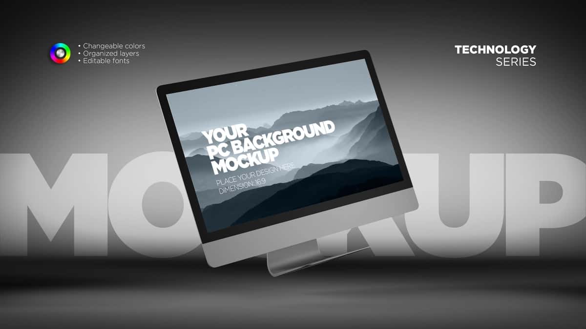 Uchar kompyuter ekrani maketi | Flying computer screen mockup 1