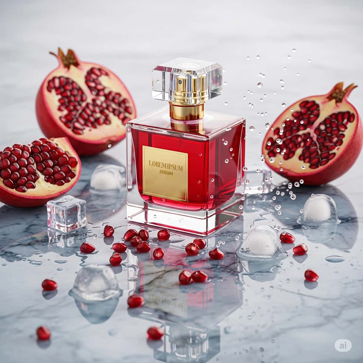 Anor maketi bilan hashamatli qizil atir | Luxurious red perfume with pomegranate mockup 1