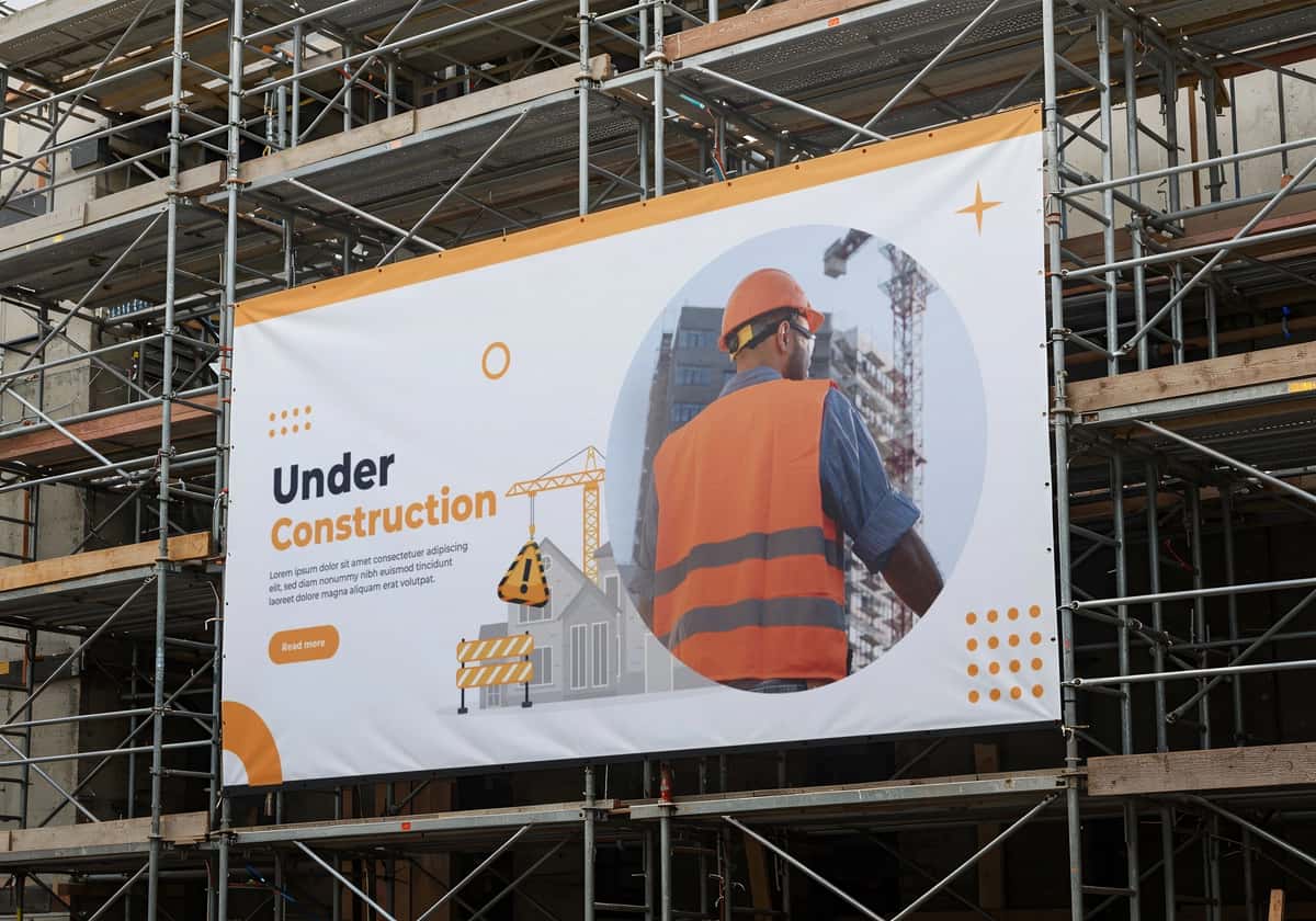 Qurilish maydonchasi banner qurilish loyihasi e'lon iskala | Construction site banner construction project announcement scaffolding 1