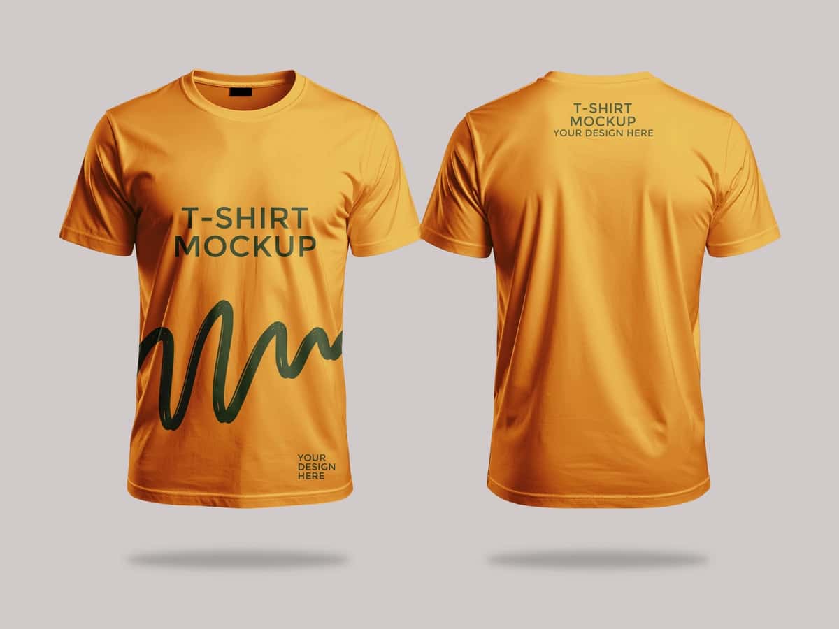 Oldindan orqa ko‘rinishdagi oltin tayoqli kalta yengli ko‘ylak maketi | Front back views goldenrod short sleeve shirt mockup template 1