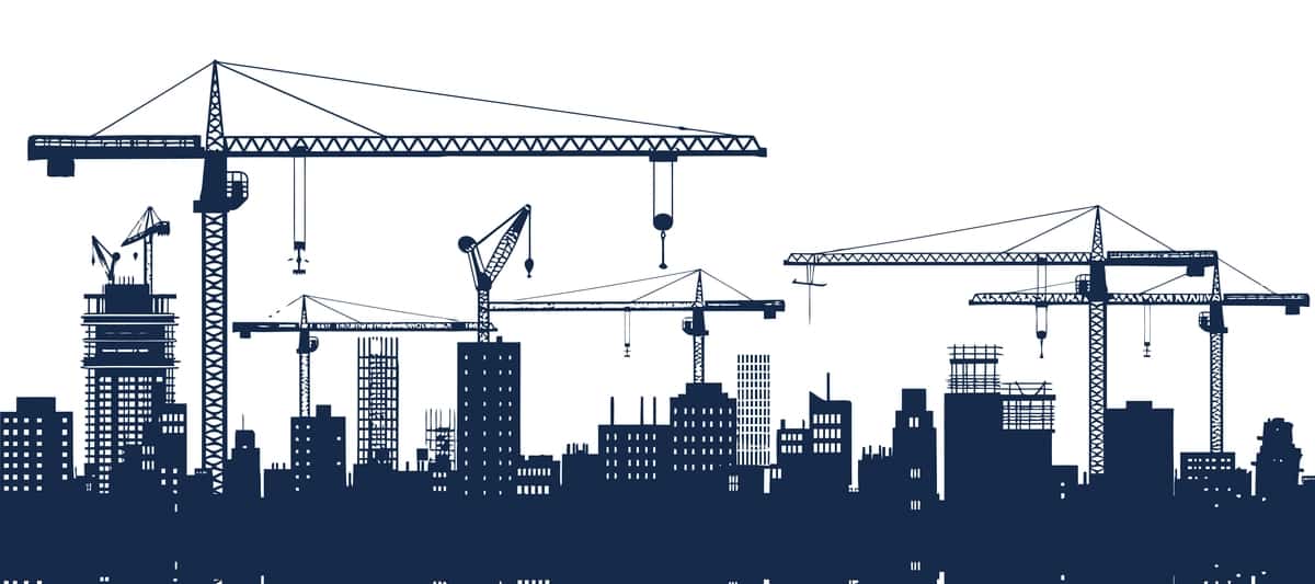 Minora krani vektori bilan qurilish krani shahar silueti silueti | Construction crane city skyline silhouette with tower crane vector 1