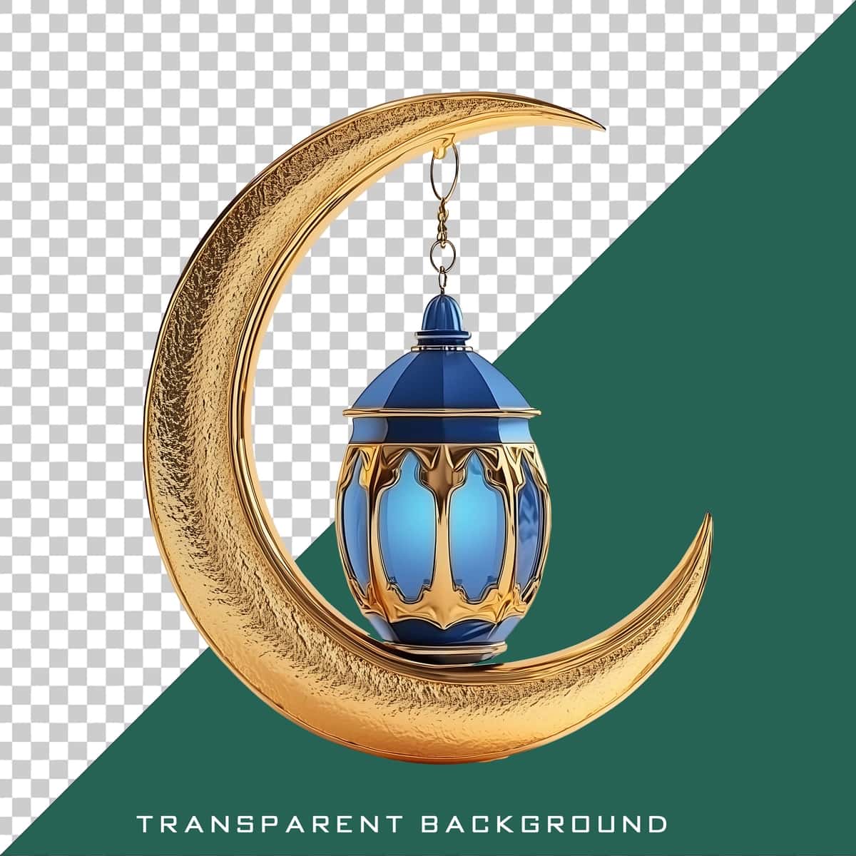 Moviy fonar shaffof fonli oltin yarim oy | Golden crescent moon with blue lantern transparent background 1