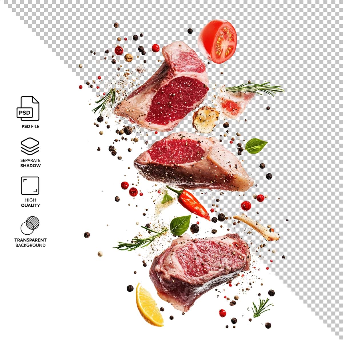 Go'shtli bifteklar yiqilib, fonsiz uchib ketmoqda | Falling down meat steaks flying isolated without background 1