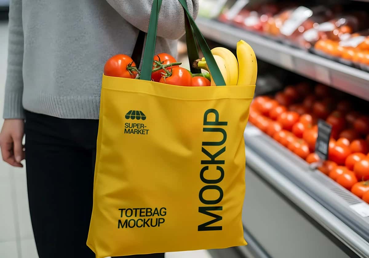 Haqiqiy maket sariq xarid qilish sumkasi supermarket sozlamalari | Realistic mockup yellow shopping tote bag supermarket setting 1