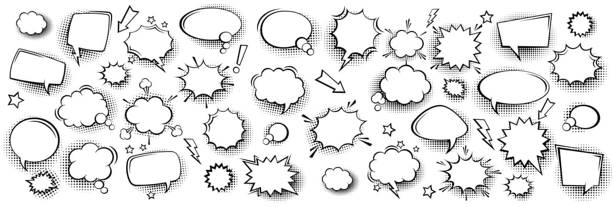 To'plam bo'sh kulgili nutq pufakchalari qo'lda yarim ohangli soyalar | Collection empty comic speech bubbles with halftone shadows hand 1