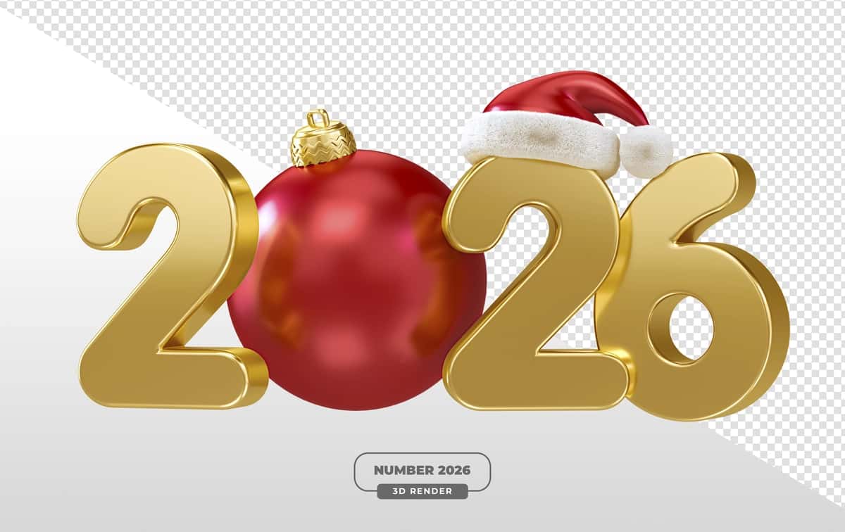 Oltin 2026 yilgi Rojdestvo tipografiyasi shaffof fon bilan 3D render | Golden 2026 christmas typography 3d render with transparent background 1