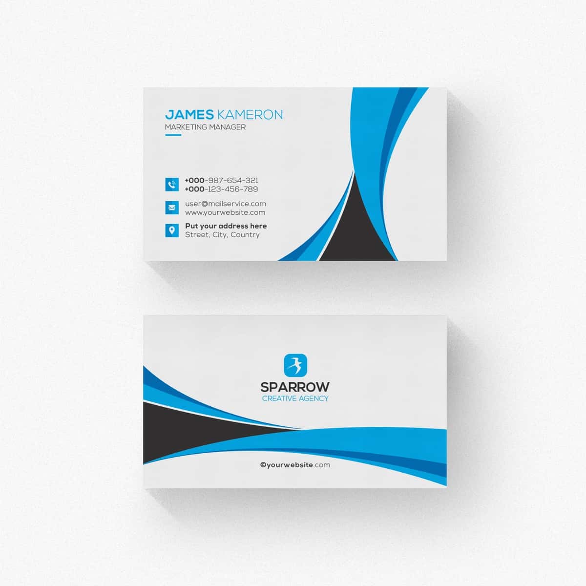 Moviy kulrang tafsilotlarga ega oq vizitka | White business card with blue grey details 1
