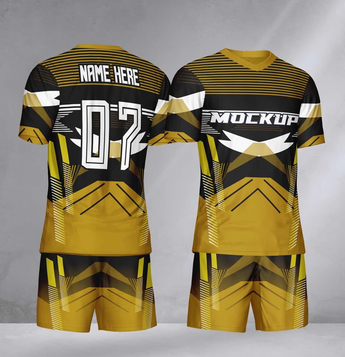 Oltin qora geometrik dizaynli futbol formasi maketi | Soccer jersey mockup with gold black geometric design 1