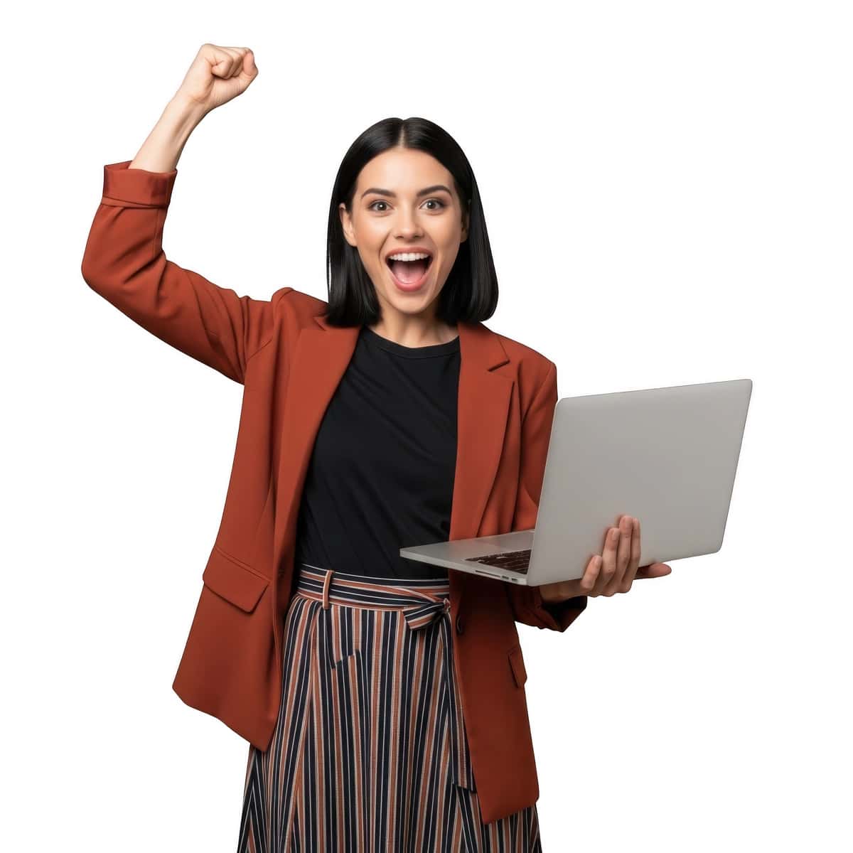 Hayajonlangan ayol noutbukni izolyatsiya qilingan shaffof fonda ushlab turibdi | Excited woman holding laptop isolated transparent background 1