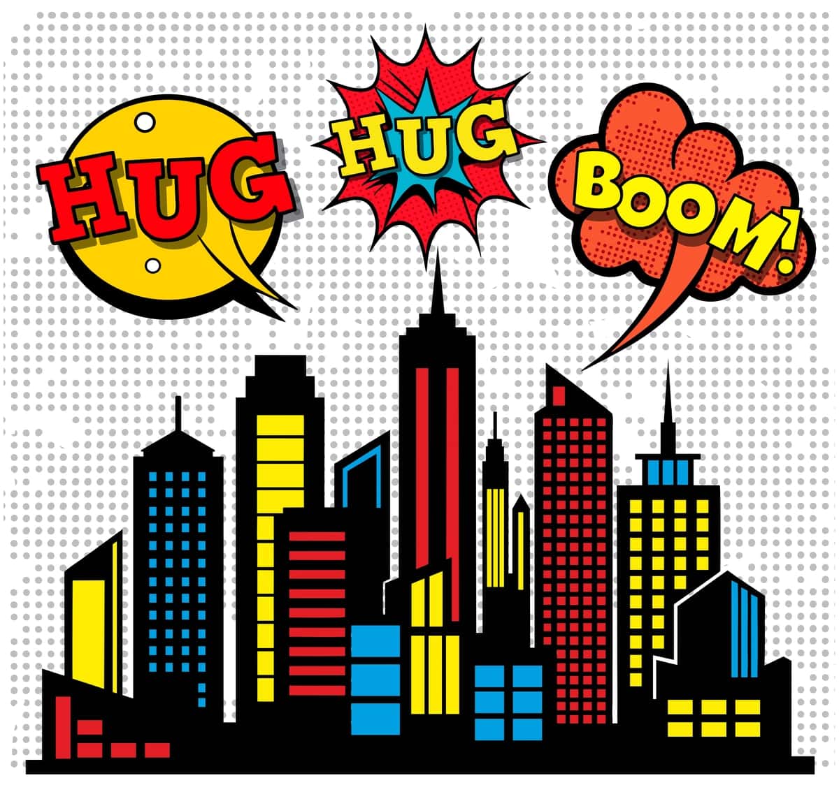 Pop-art shahar silueti rang-barang harakat so'zlari bilan portlamoqda | Pop art city skyline exploding with colorful action words 1