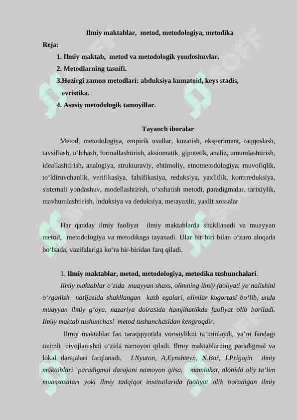 Ilmiy maktablar, metod, metodologiya, metodika