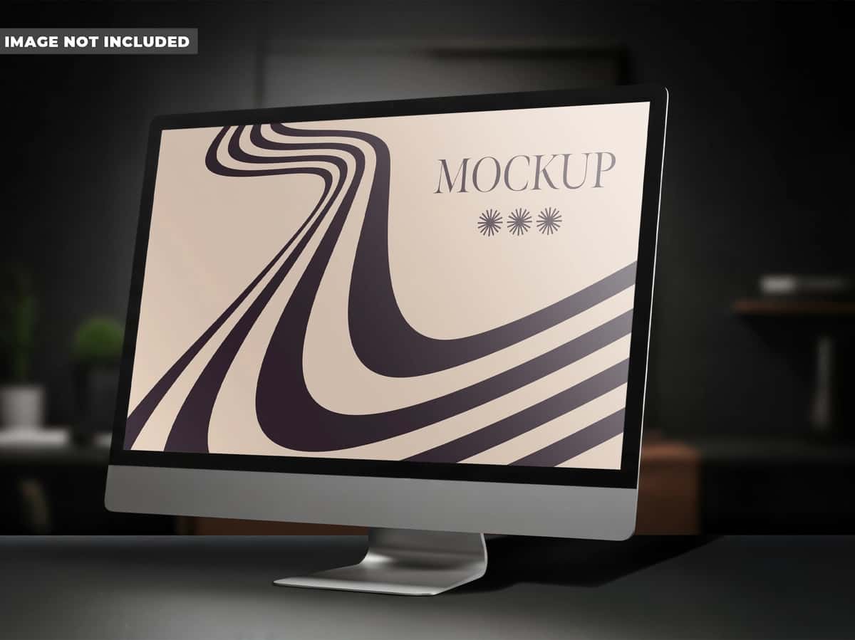 Retro to'lqin dizayni bilan nafis kompyuter monitori maketi | Elegant computer monitor mockup with retro wave design 1
