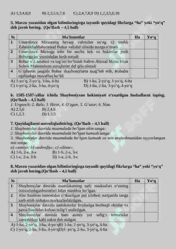 9-sinf O'zbekiston tarixi CHSB-1 orginal javoblari ham bor 4 ta variant 4