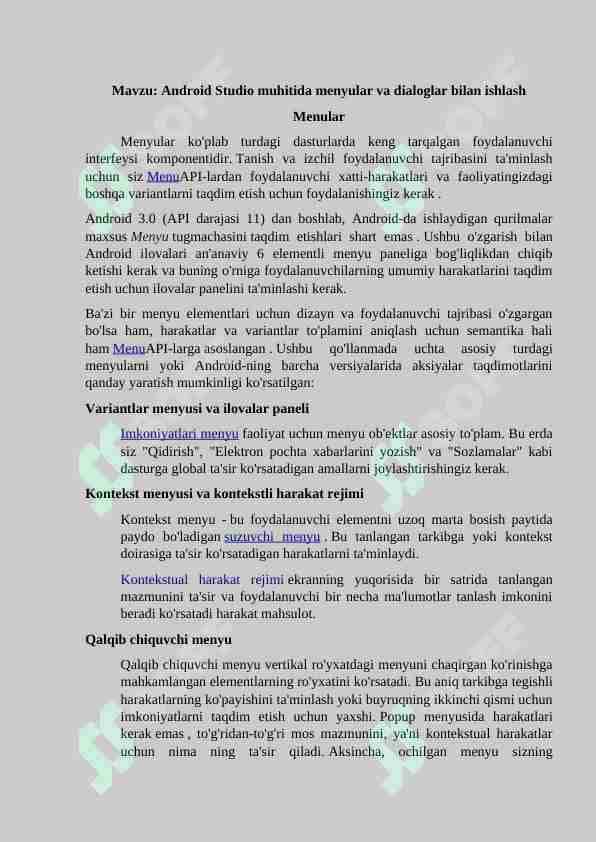 Android Studio muhitida menyular va dialoglar bilan ishlash