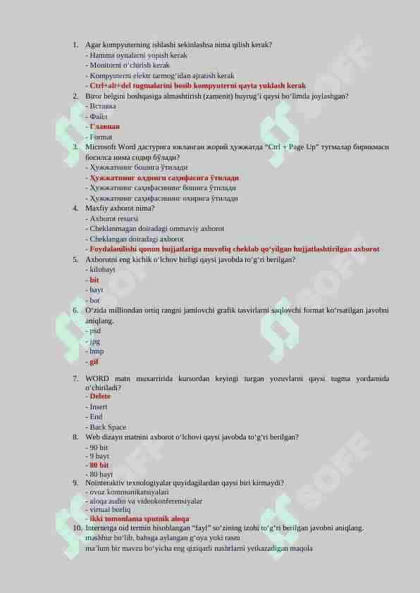 Axborot kommunikatsiyasi fanidan 100 talik test, javoblari bilan