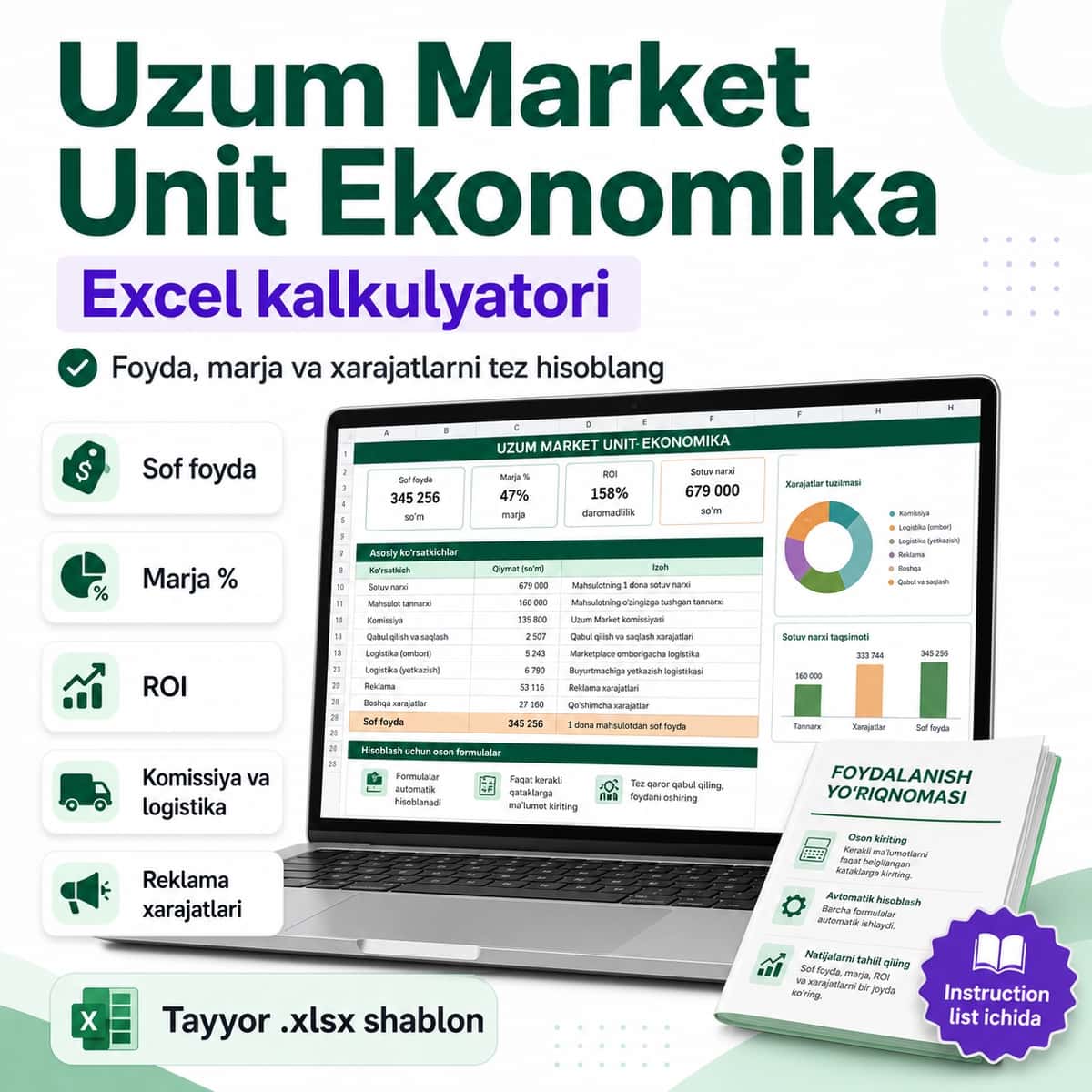 Uzum Market Unit Ekonomika — foyda, marja va xarajatlar Excel kalkulyatori 1