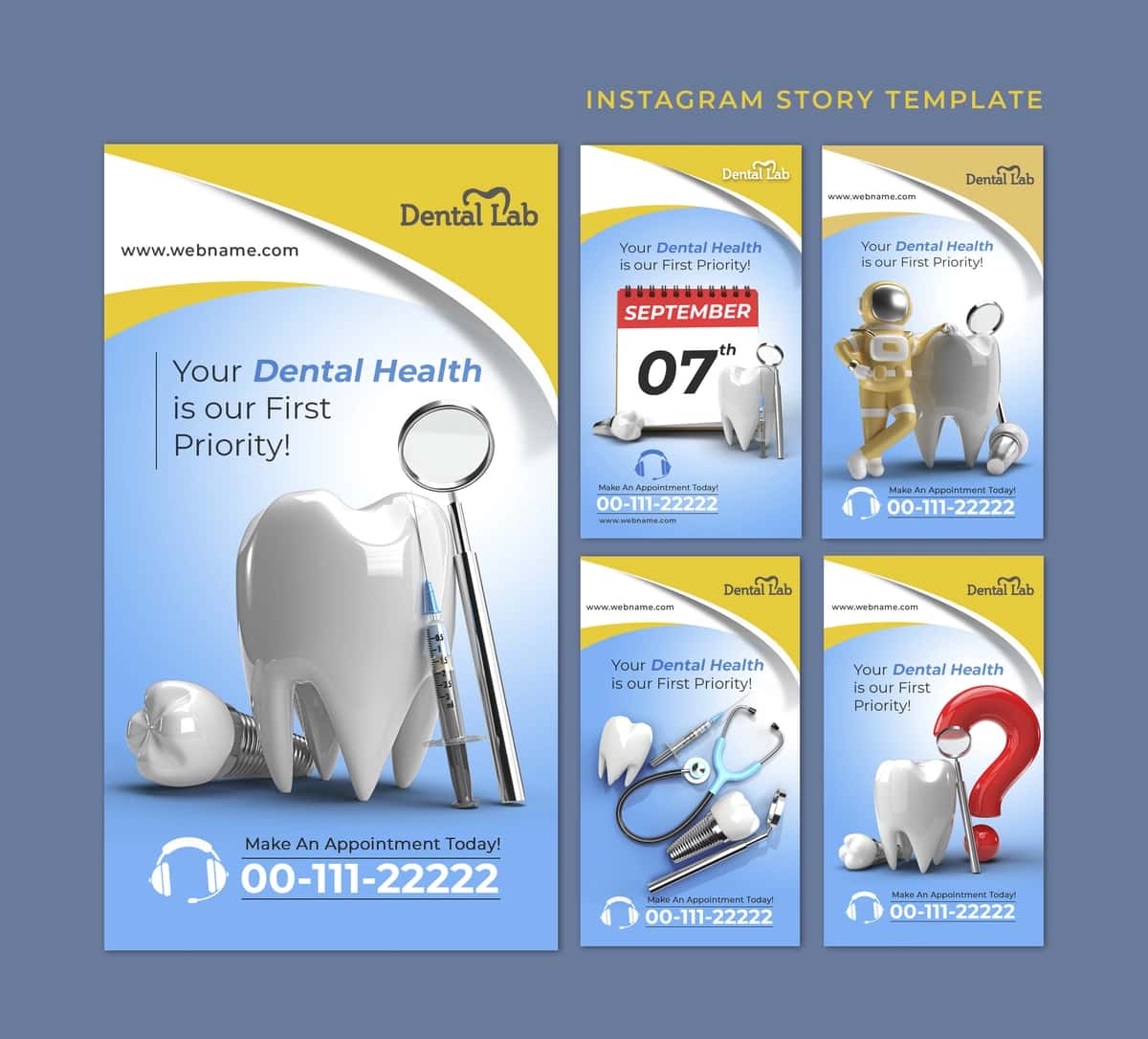 Tish implantlari jarrohlik kontseptsiyasi instagram hikoyalari banner shablonlari | Dental implants surgery concept instagram stories banner templat 1