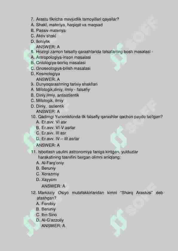 Falsafa yakuniy baza. 200 talik test. TATU. 2