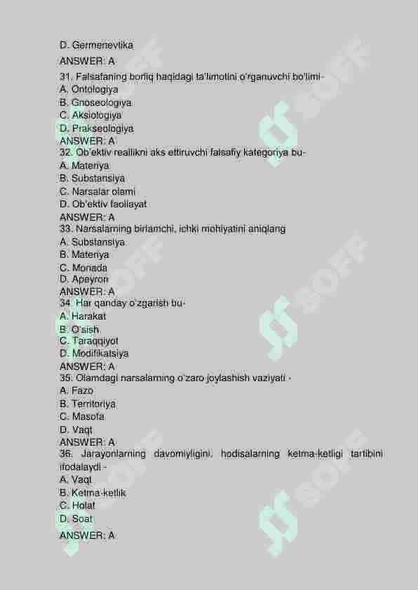 Falsafa yakuniy baza. 200 talik test. TATU. 6