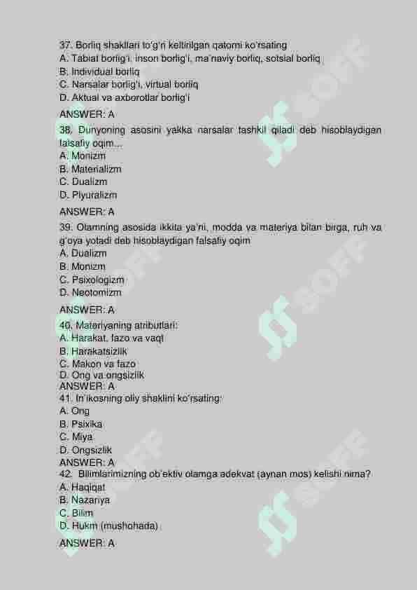 Falsafa yakuniy baza. 200 talik test. TATU. 7