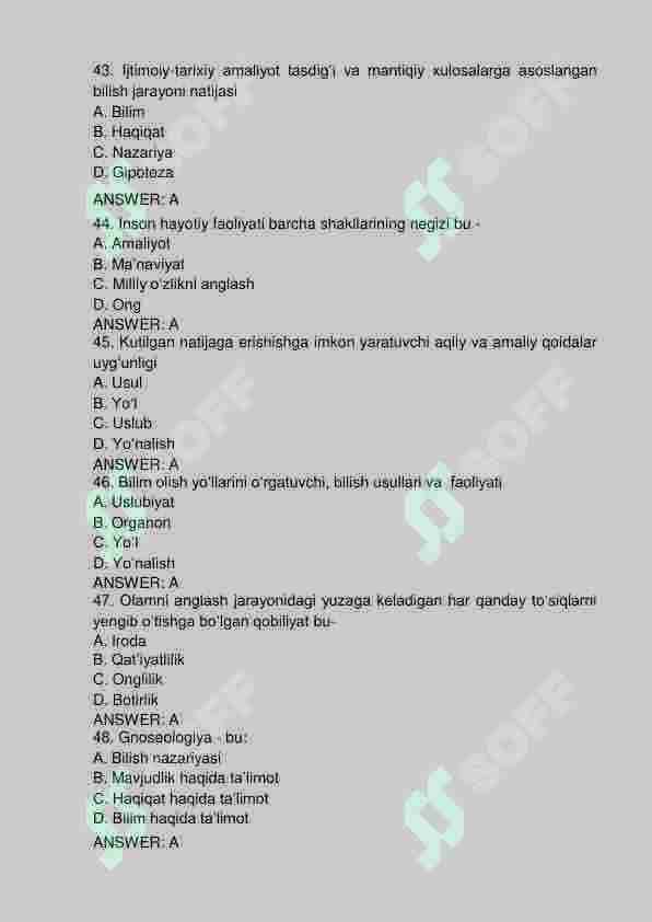 Falsafa yakuniy baza. 200 talik test. TATU. 8