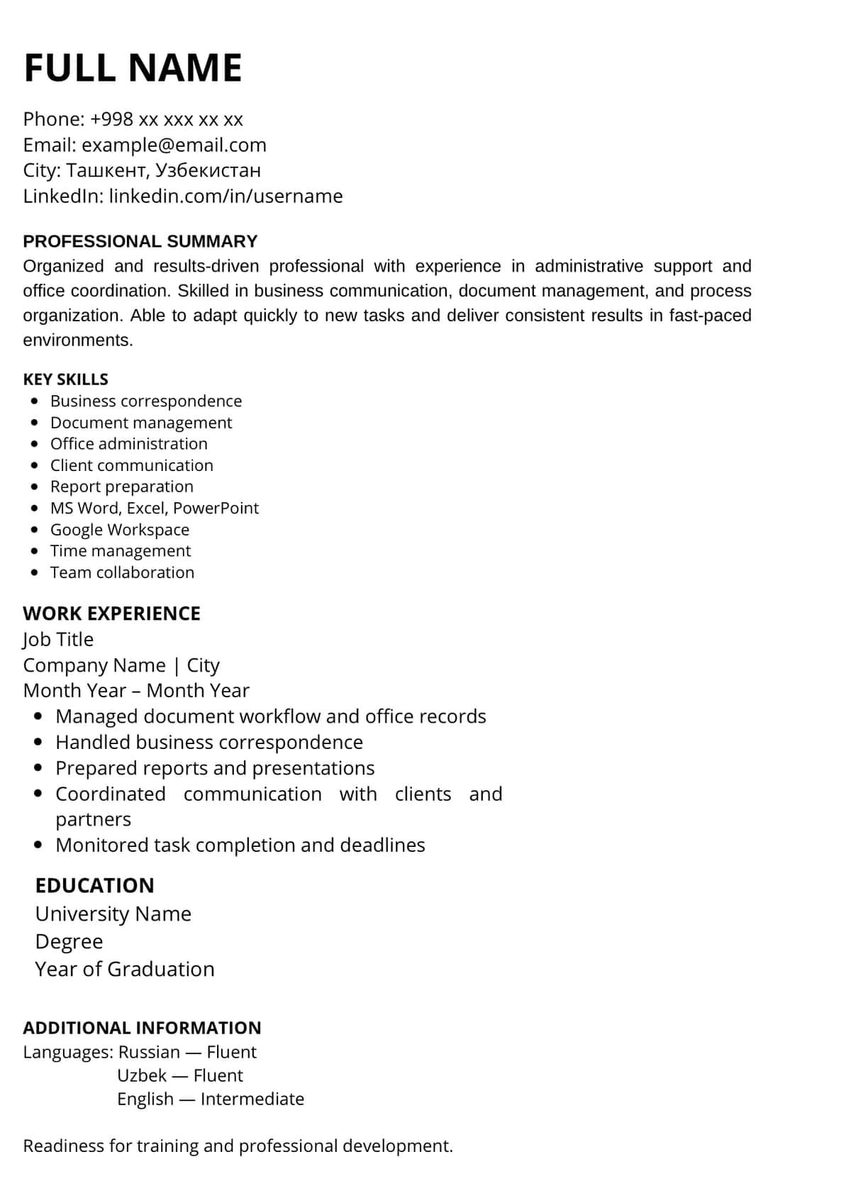 ATS Office CV – International Pack (RU / EN / UZ) 1