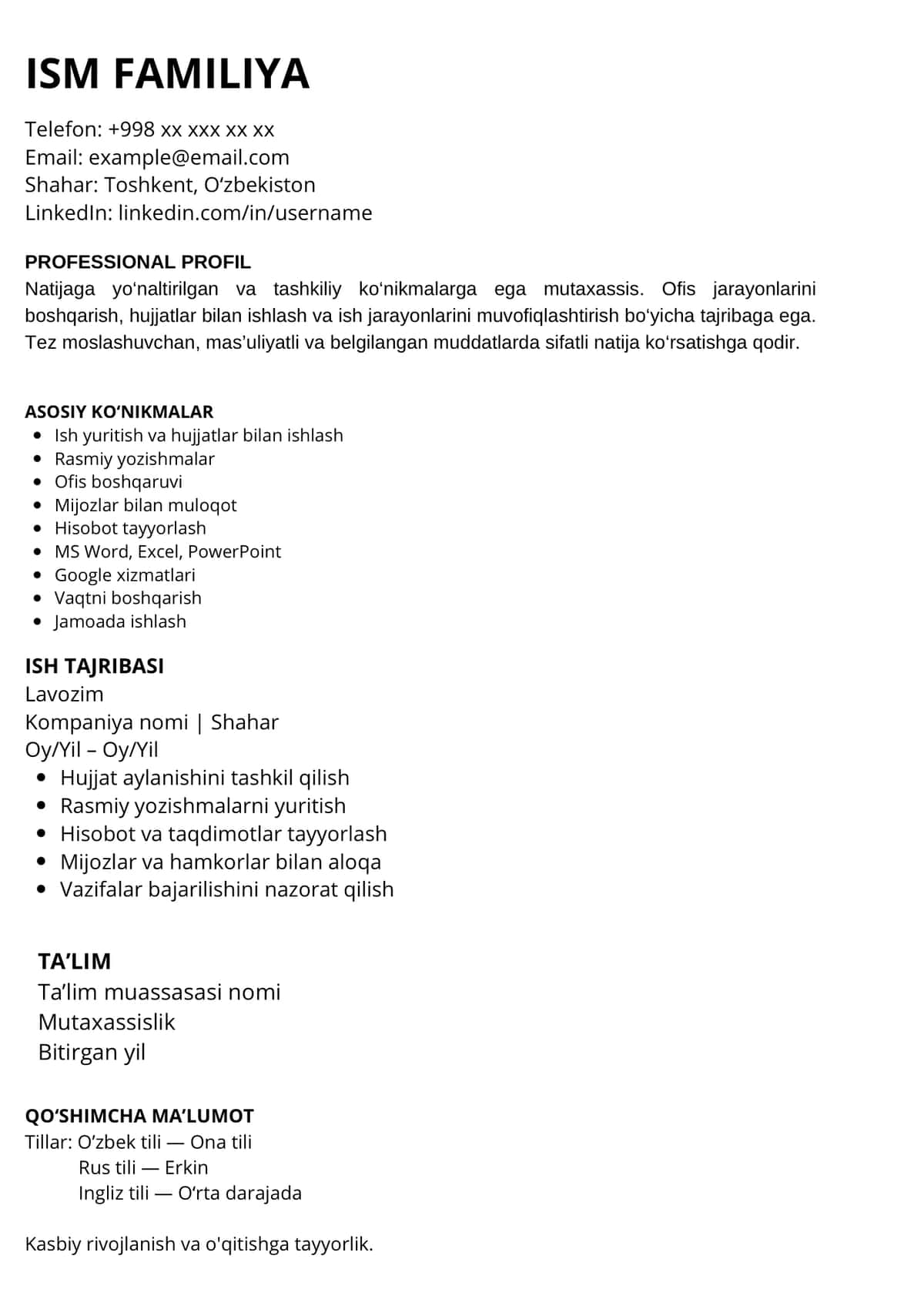 ATS Office CV – International Pack (RU / EN / UZ) 2