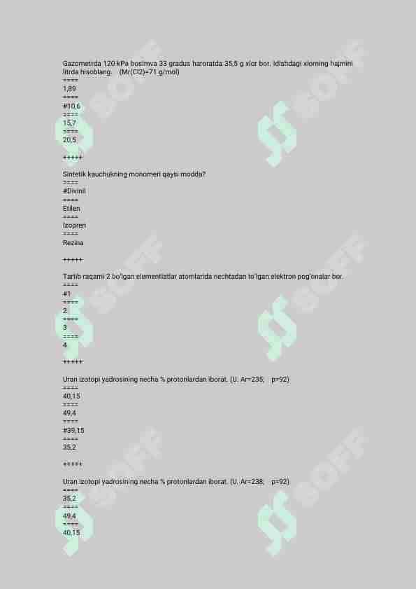 kimyo fanidan 300 talik test javoblari bilan