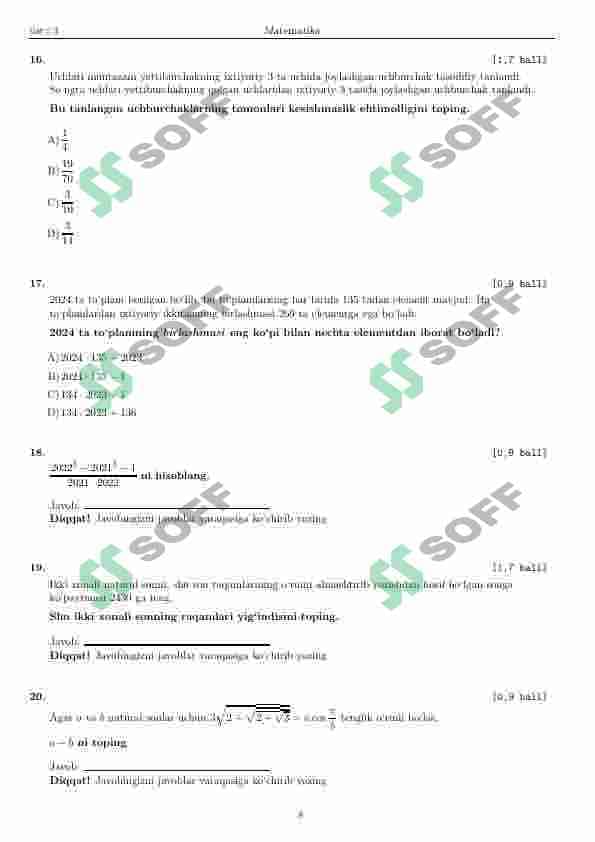 DTM MATEMATIKA TUSHGAN TESTLAR 8