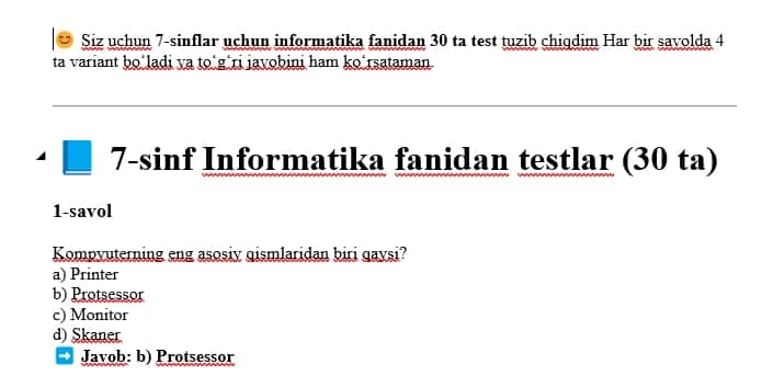 informatika 7-sinf uchun test 1